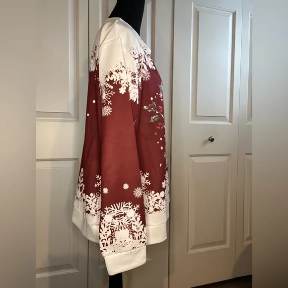 NWOT Winter Snowman Sweatshirt, Snowflakes, Large, Dark Red - Picture 4 of 6